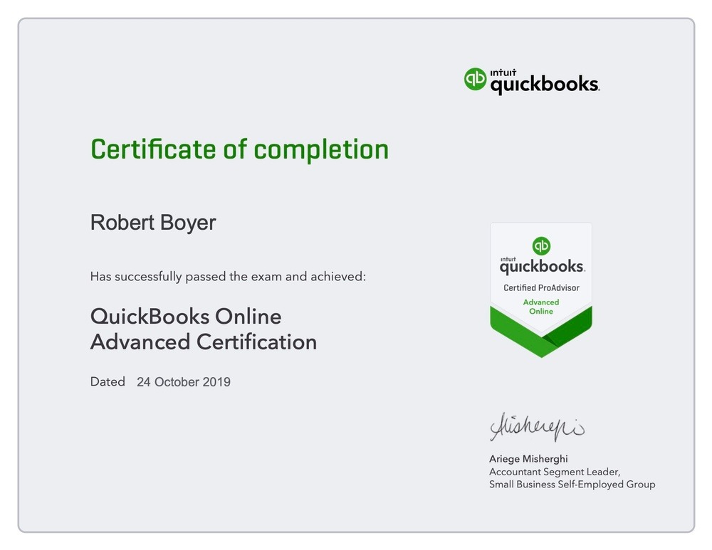Quickbooks Online Advanced Certification for Robert Boyer