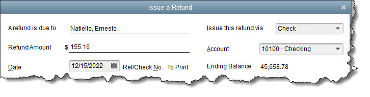 quickbooks credit memo refund check